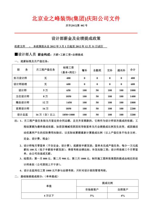 2012年業之峰裝飾工程公司薪金和業績提成政策（9頁）