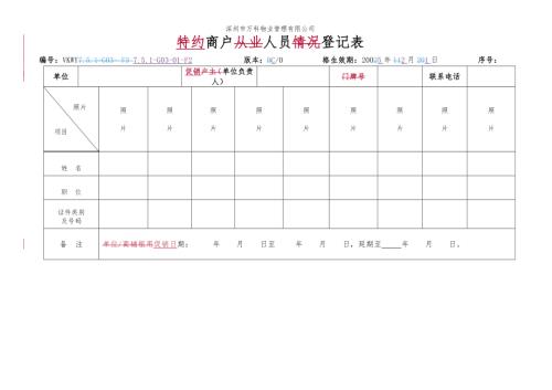 深圳市物業管理公司特約商戶人員登記表