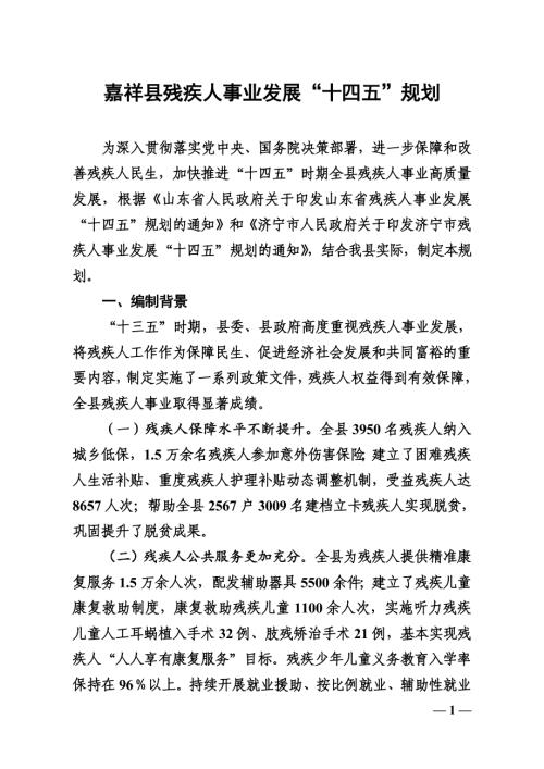 嘉祥縣殘疾人事業發展“十四五”規劃方案（2021-2025年）（24頁）