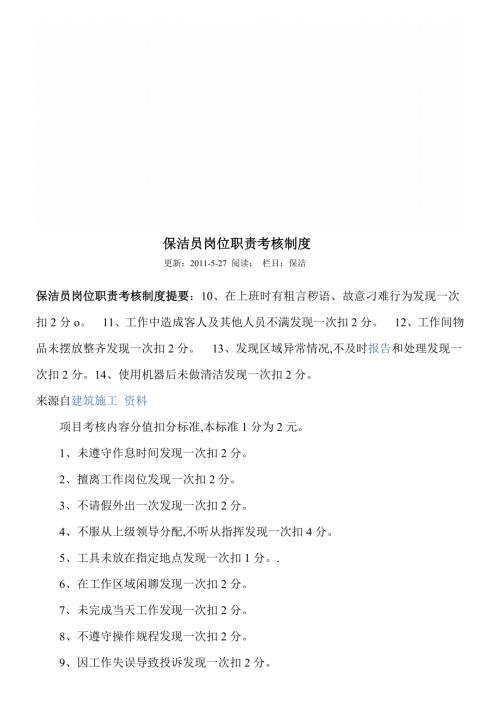 物業管理公司保潔員崗位職責考核制度及保安停車場管理規程（30頁）