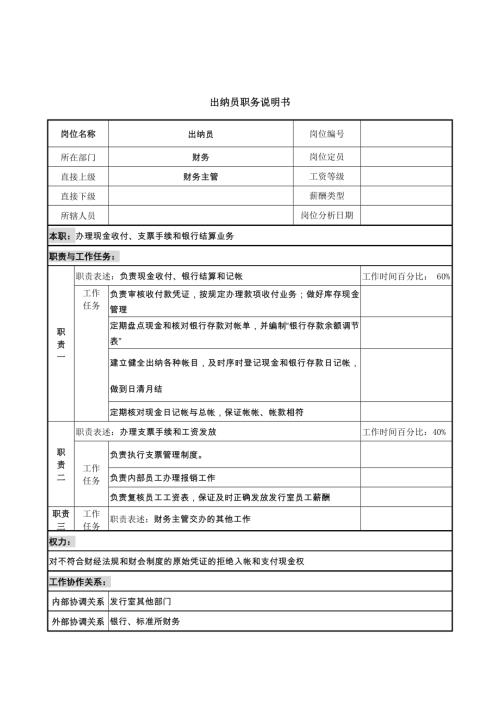 中國建筑研究所財務(wù)部出納員職務(wù)說明書(2頁)