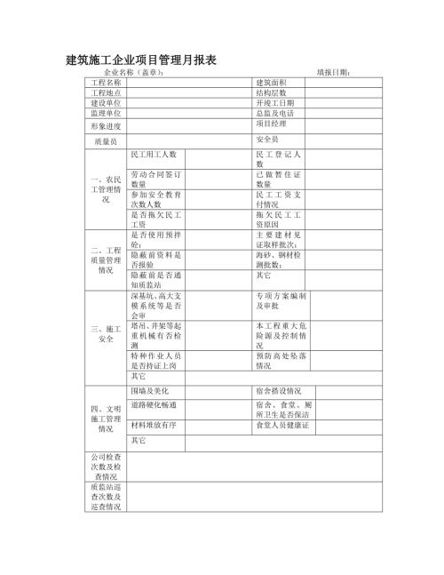 建筑施工企業項目管理月報表
