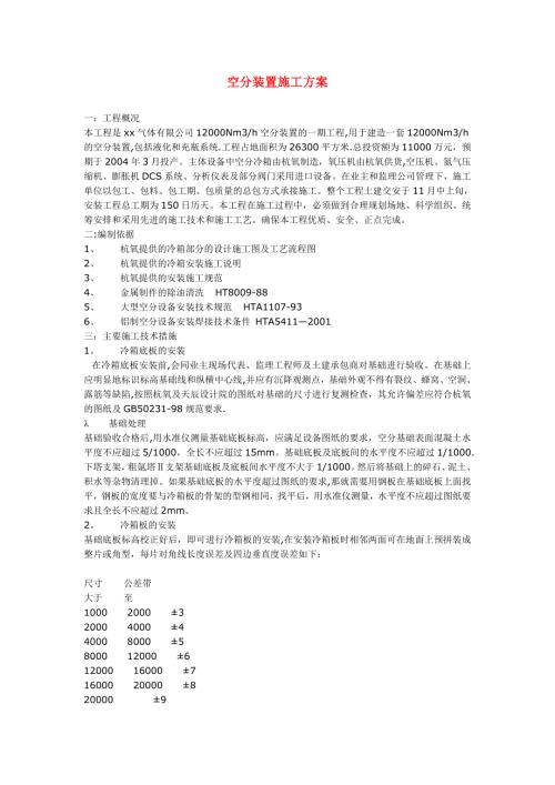 氣體公司12000Nm3h空分裝置工程施工方案（36頁(yè)）