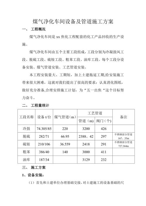 焦化工程煤氣凈化車間設備及管道施工方案（18頁）