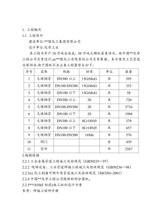煤化工公司工業金屬管道安裝工程施工組織設計方案（35頁）