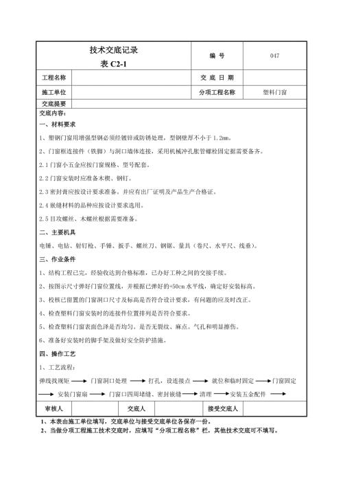 建筑項目塑料門窗安裝及配套工程施工技術交底
