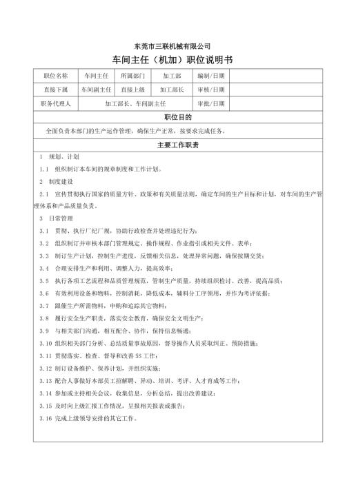 東莞市三聯機械有限公司車間正副主任職位說明書16頁