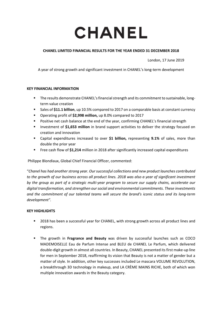 香奈兒（Chanel）2018年財務業績報告（英文版）（3頁）.pdf_第1頁