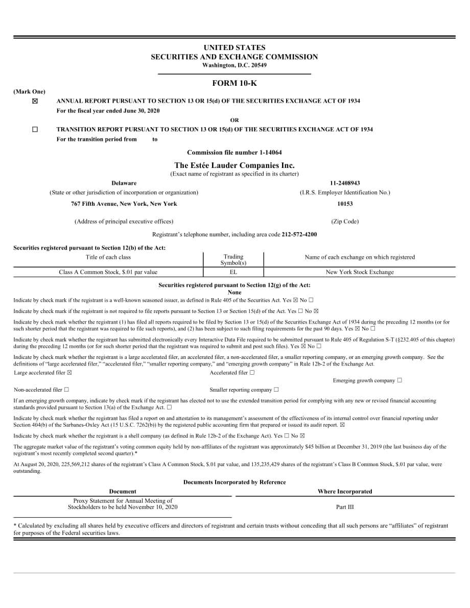 雅詩蘭黛（Estee Lauder）2020年年度報告-財報（英文版）（274頁）.pdf_第1頁