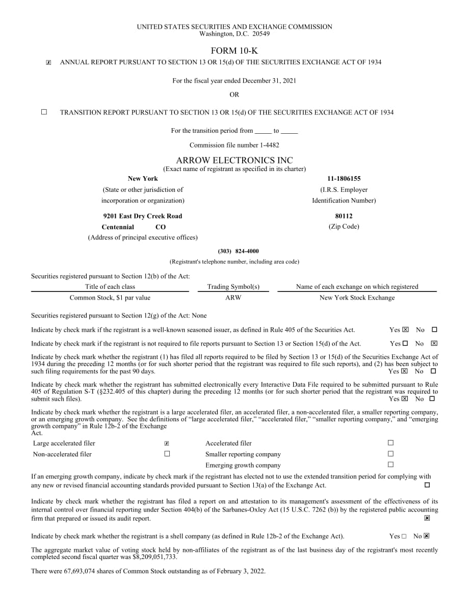 艾睿電子（ARROW ELECTRONICS）2021年10-K年度報告（英文版）（83頁）.pdf_第1頁