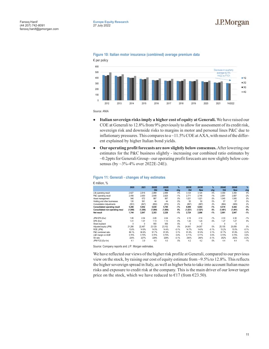摩根大通（J.P. Morgan）：2022年歐洲綜合保險公司分析報告-將安盛評級上調至增持將忠利評級下調至中性（英文版）（34頁）.pdf_第11頁