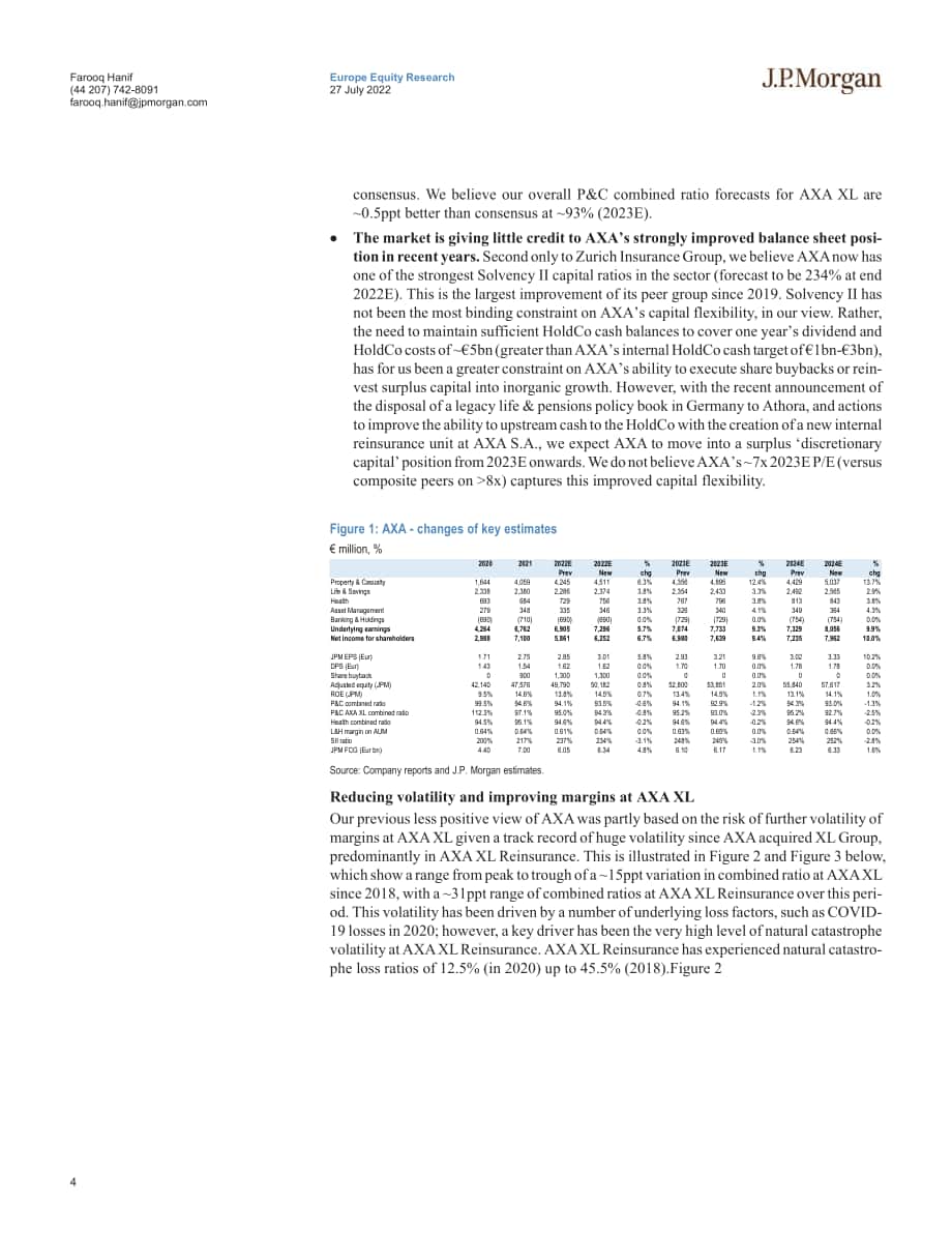 摩根大通（J.P. Morgan）：2022年歐洲綜合保險公司分析報告-將安盛評級上調至增持將忠利評級下調至中性（英文版）（34頁）.pdf_第4頁