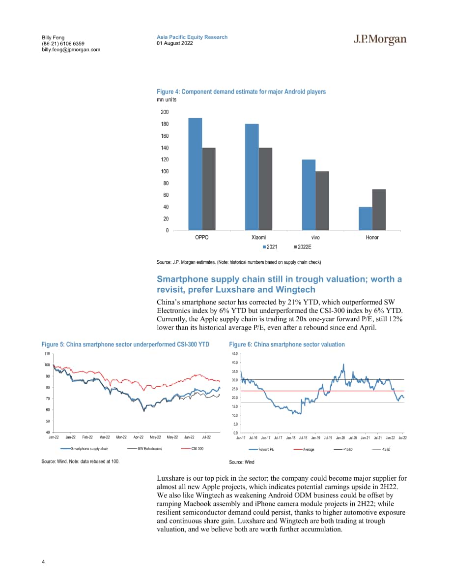 摩根大通（J.P. Morgan）：中國科技行業-2022年中國智能手機行業報告-蘋果供應鏈成22年下半年相對安全的避風港；看好立訊精密和聞泰科技（英文版）（11頁）.pdf_第4頁