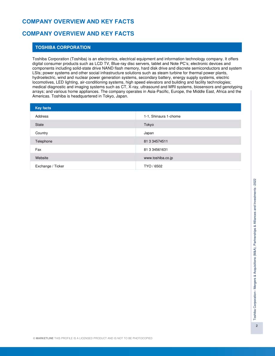 MarketLine：東芝公司并購、聯盟與投資分析報告（英文版）（151頁）.pdf_第2頁