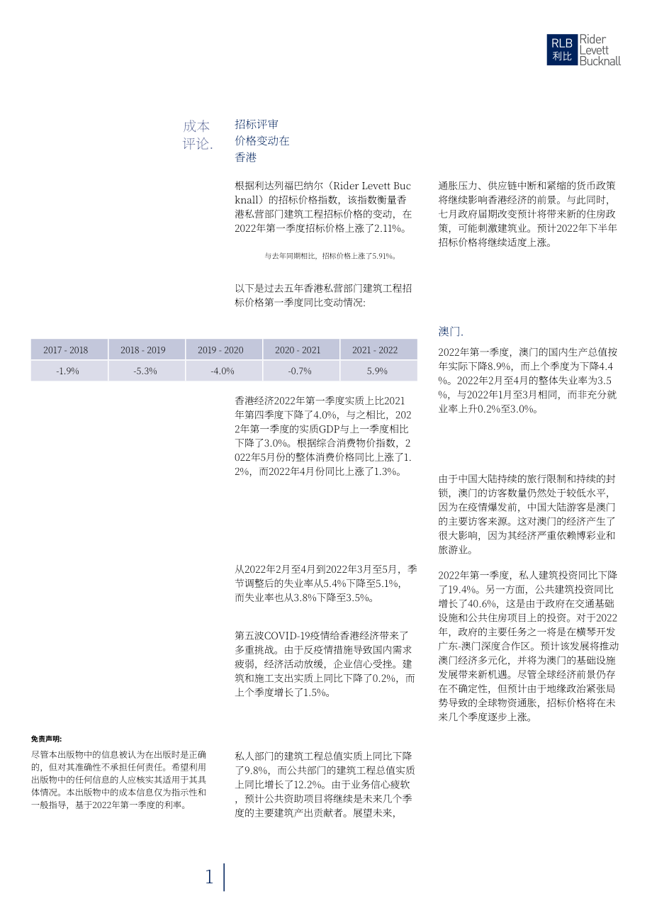 利比咨詢（(RLB）：2022年第二季度香港建筑成本更新報告（英文版）（11頁）.pdf_第3頁