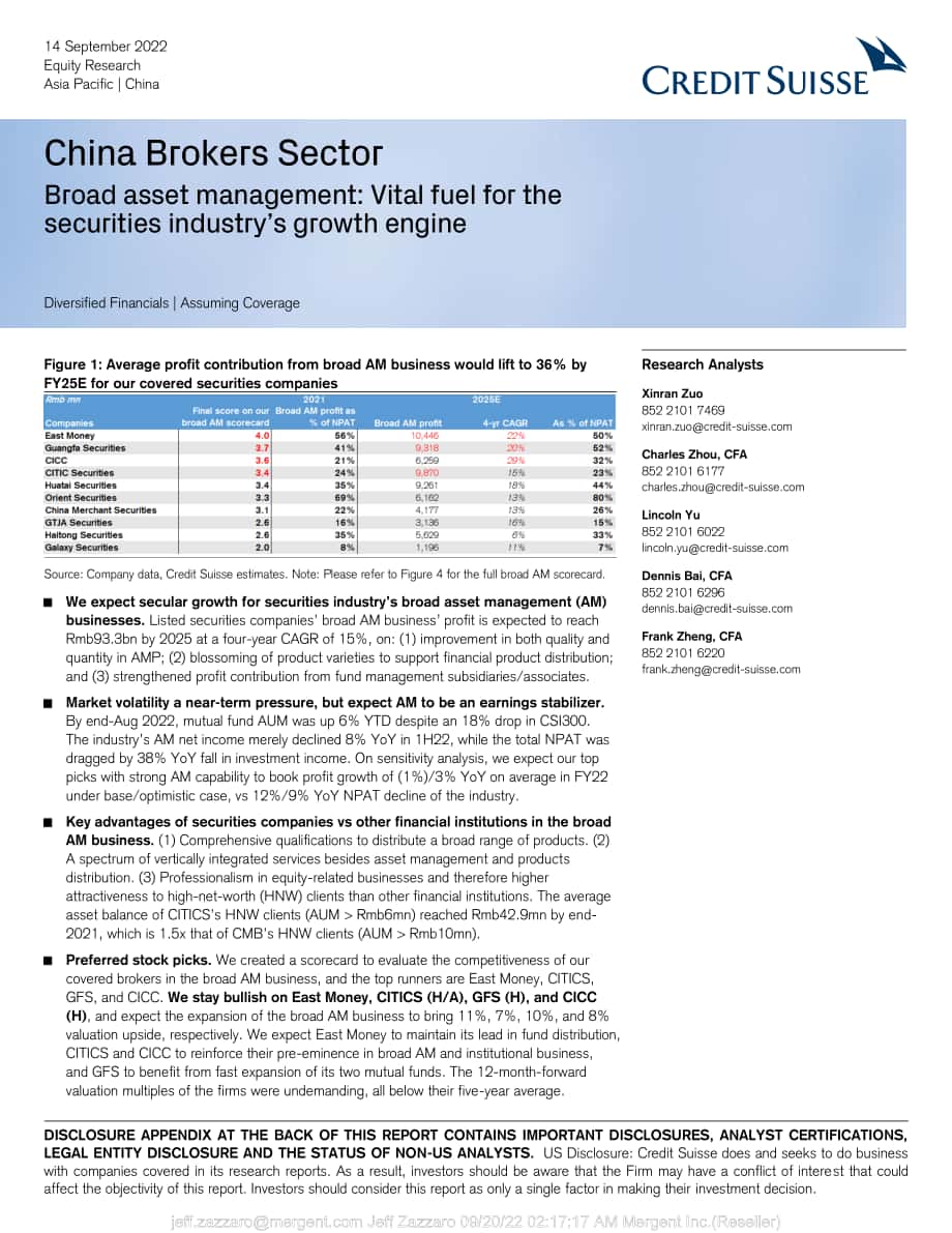 瑞信銀行（Credit Suisse）：亞太投資策略-中國(guó)券商板塊-布局廣泛的資產(chǎn)管理模式-證券業(yè)增長(zhǎng)引擎的重要燃料（英文版）（110頁(yè)）.pdf_第1頁(yè)