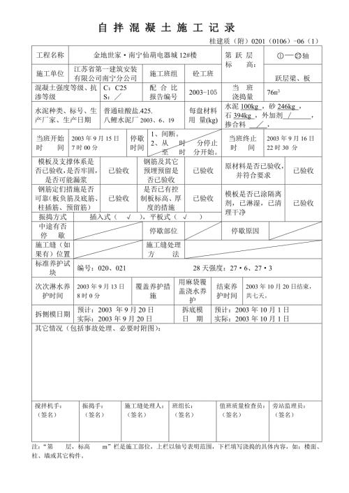 電器城建筑自拌混凝土施工記錄表（1頁）