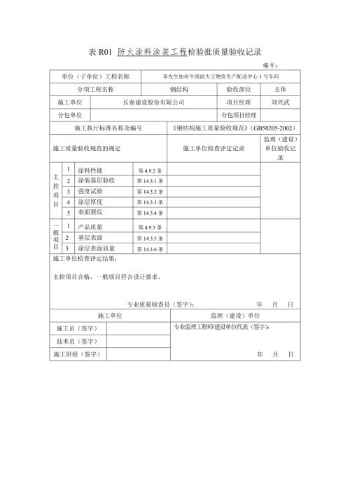 車間防火涂料涂裝工程檢驗批質量驗收記錄表（1頁）