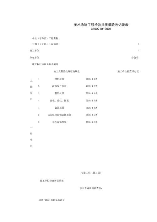 美術涂飾工程檢驗批質量驗收記錄表