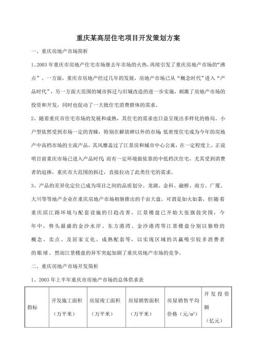 重慶某高層住宅項目開發(fā)策劃方案（13頁）
