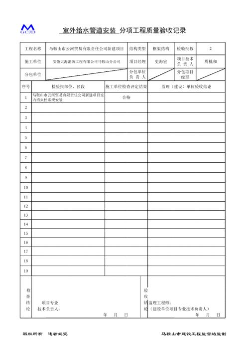 室外給水管道安裝分項驗收記錄
