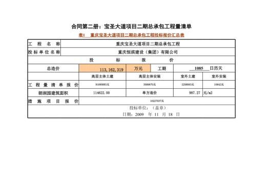 合同第二冊(cè)工程量清單高層朗潤(rùn)園二期