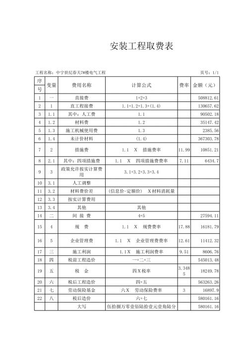 中寧世紀春天7樓電氣工程安裝工程預算書表