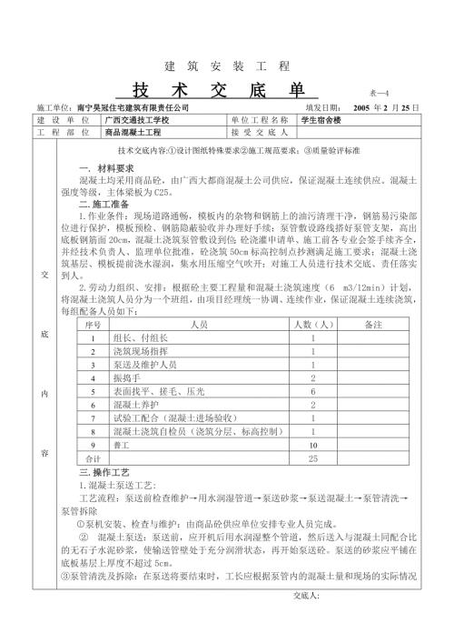 學生宿舍樓商品混凝土工程技術交底單（3頁）