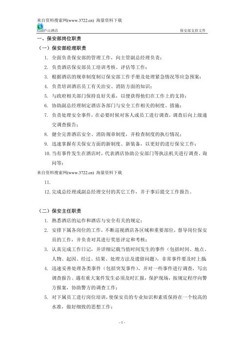 廈門廬山大酒店保安部管理制度-保安部崗位職責DOC32頁