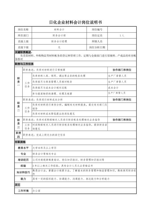 日化企業(yè)材料會(huì)計(jì)崗位說明書