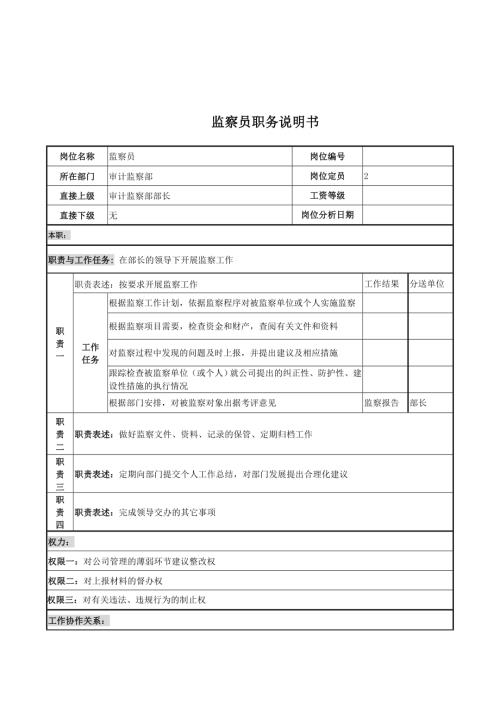 電力公司監(jiān)察員崗位說明書