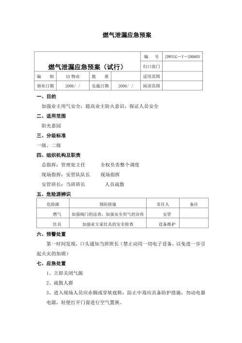 陽光嘉園住宅小區燃氣泄漏應急預案（3頁）