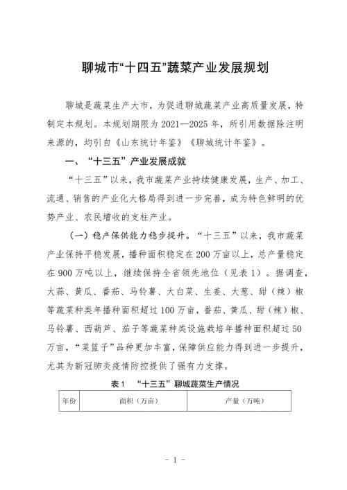 聊城市“十四五”蔬菜產業發展規劃方案（2021-2025年）（12頁）