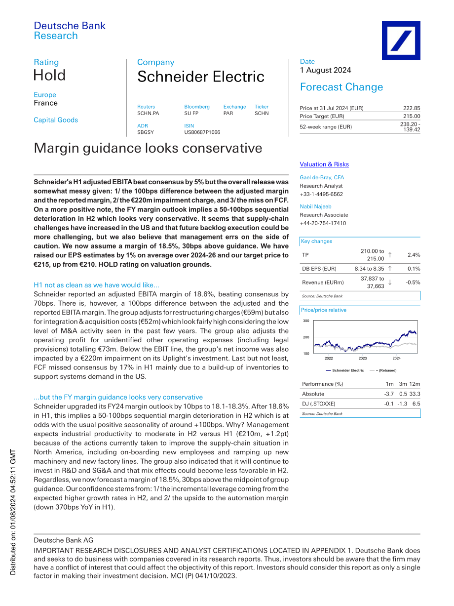 德意志銀行：2024施耐德電氣（Schneider Electric）公司研究內涵—保守預估利潤率（英文版）（17頁）.pdf_第1頁