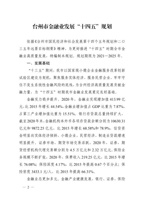 臺(tái)州市金融業(yè)發(fā)展“十四五”規(guī)劃方案（2021-2025年）（30頁）